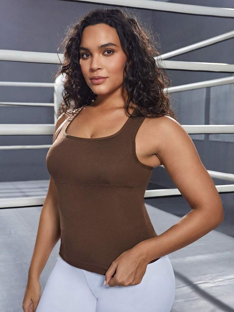 SHEIN Sports Plus Solid Racerback Sports Tank Top - Coffee Brown - View 5