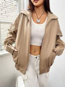 SHEIN EZwear 斜插口袋落肩袖拉鏈開襟夾克 - 咖啡棕 - 查看 1