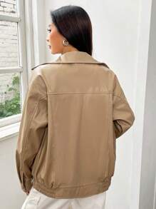 SHEIN EZwear 斜插口袋落肩袖拉鏈開襟夾克 - 咖啡棕 - 查看 2