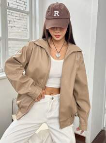 SHEIN EZwear 斜插口袋落肩袖拉鏈開襟夾克 - 咖啡棕 - 查看 3