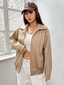 SHEIN EZwear 斜插口袋落肩袖拉鏈開襟夾克 - 咖啡棕 - 查看 4