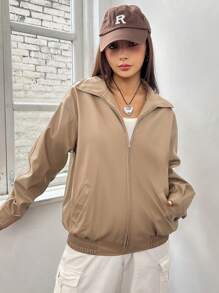 SHEIN EZwear 斜插口袋落肩袖拉鏈開襟夾克 - 咖啡棕 - 查看 5