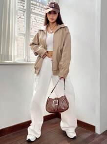 SHEIN EZwear 斜插口袋落肩袖拉鏈開襟夾克 - 咖啡棕 - 查看 6