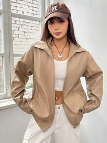 SHEIN EZwear 斜插口袋落肩袖拉鏈開襟夾克 - 咖啡棕 - 查看 7