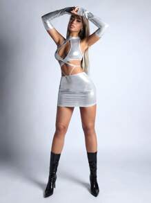 SHEIN ICON 鏤空十字交叉後背繫帶金屬質感緊身洋裝帶袖子 - 銀色 - 查看 4