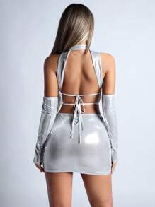 SHEIN ICON 鏤空十字交叉後背繫帶金屬質感緊身洋裝帶袖子 - 銀色 - 查看 3