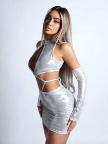 SHEIN ICON 鏤空十字交叉後背繫帶金屬質感緊身洋裝帶袖子 - 銀色 - 查看 10