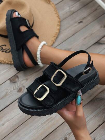 Schwarze Fransensandalen Aus Denim Für Damen Mit Schnallenverzierung Und Dicker Sohle, Schwarze Plateausandalen Mit Keilabsatz Für Damen