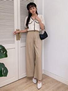 DAZY 净色褶饰亚麻长裤 - 卡其色 - 查看 5