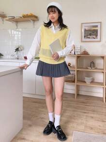 DAZY 素色V領毛衣背心不帶T恤 - 黃色 - 查看 6