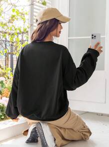 SHEIN EZwear Women's European And American Style Loose Fit Sweatshirt With Racing Slogan Print - Black - View 2