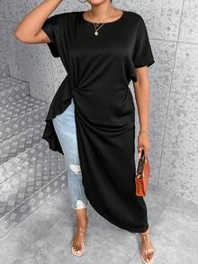 Celure 大碼前扭結蝙蝠袖不對稱下擺襯衫 - 黑色 - 查看 4