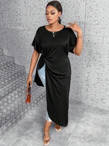 Celure 大碼前扭結蝙蝠袖不對稱下擺襯衫 - 黑色 - 查看 5