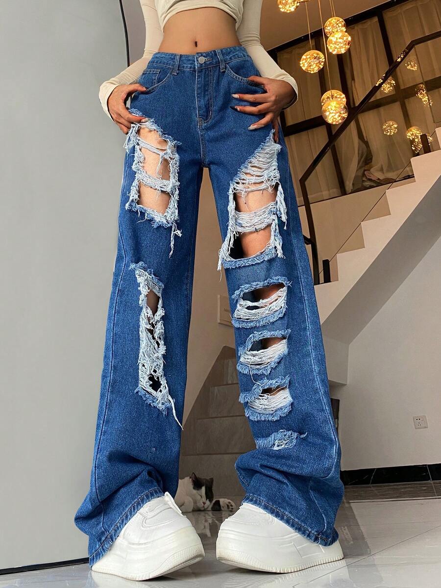 Jeans de pierna recta desgarro - Azul lavado oscuro - Ver 1