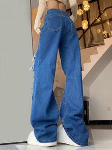 Jeans de pierna recta desgarro - Azul lavado oscuro - Ver 2