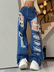 Jeans de pierna recta desgarro - Azul lavado oscuro - Ver 3