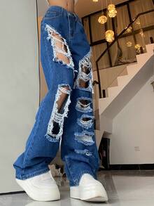 Jeans de pierna recta desgarro - Azul lavado oscuro - Ver 4
