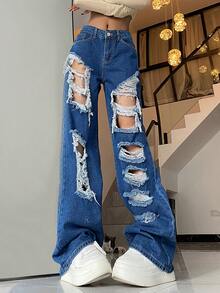 Jeans de pierna recta desgarro - Azul lavado oscuro - Ver 5