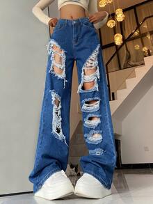 Jeans de pierna recta desgarro - Azul lavado oscuro - Ver 6