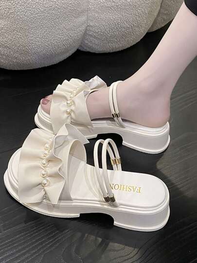 Women's Wedge Heel Thick Sole Sandals Featuring Faux Pearl Decor And Ruffle Edge Flat Slippers, Women's White Wedge Heel Platform Sandals Valentines