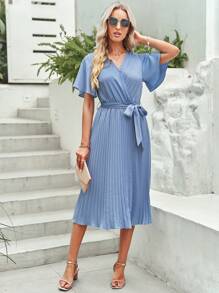 BTFBM Surplice Neck Pleated Hem Belted Dress - Blue - View 1
