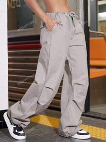 Street Drawstring Waist Slant Pocket Cargo Parachute Pants