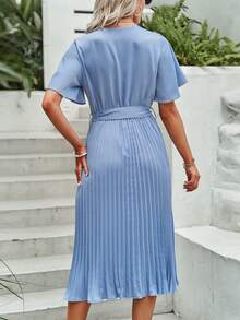 BTFBM Surplice Neck Pleated Hem Belted Dress - Blue - View 2