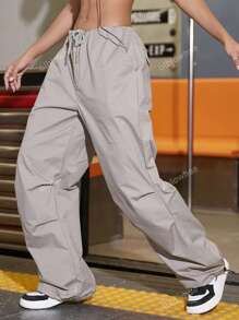 Street Drawstring Waist Slant Pocket Cargo Parachute Pants