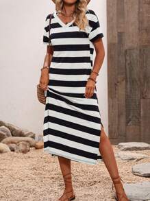 SHEIN LUNE 條紋印花下擺開叉T恤連衣裙 - 黑與白 - 查看 4