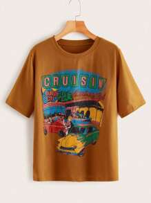 SHEIN Unity Cruisin Car Graphic Short Sleeve Tee - Mustard Yellow - View 1