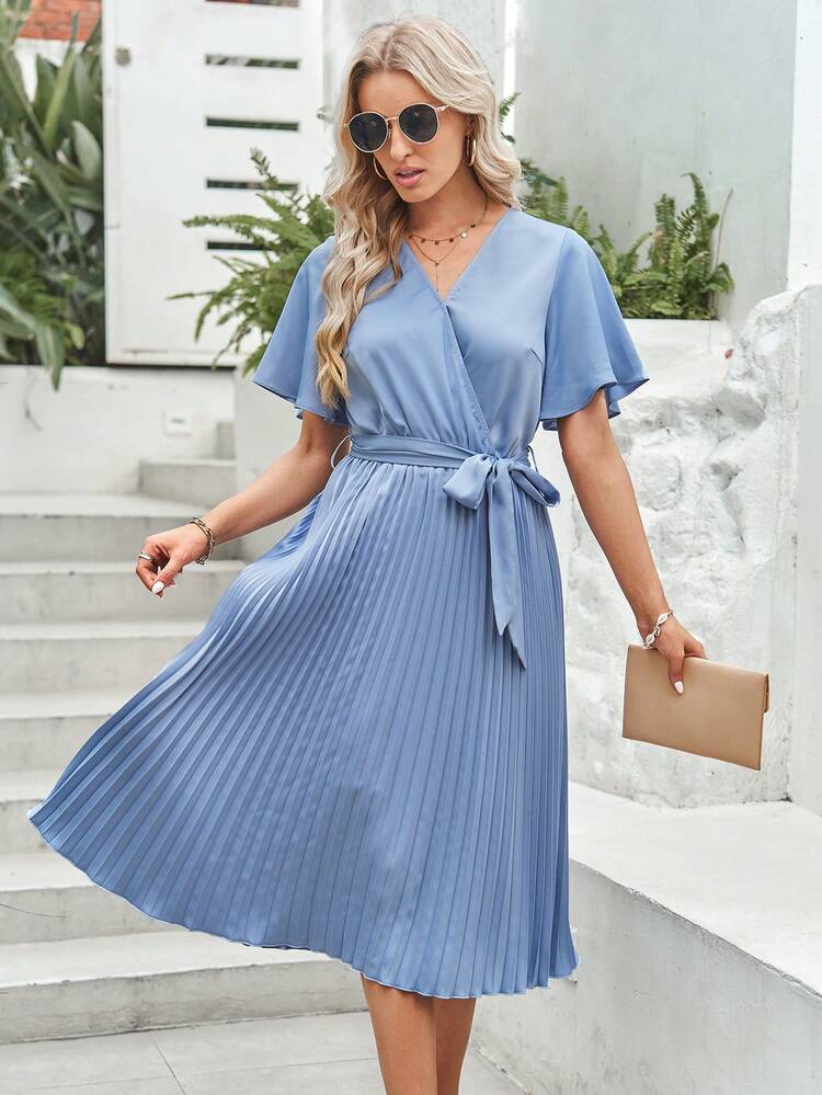 BTFBM Surplice Neck Pleated Hem Belted Dress - Blue - View 3