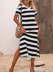 SHEIN LUNE 條紋印花下擺開叉T恤連衣裙 - 黑與白 - 查看 5