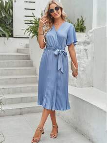 BTFBM Surplice Neck Pleated Hem Belted Dress - Blue - View 4