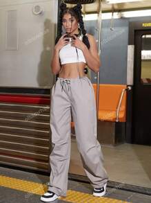 Street Drawstring Waist Slant Pocket Cargo Parachute Pants
