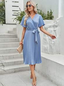 BTFBM Surplice Neck Pleated Hem Belted Dress - Blue - View 5