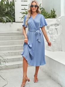 BTFBM Surplice Neck Pleated Hem Belted Dress - Blue - View 6