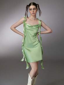 垂領荷葉邊露背連衣裙 - 綠色 - 查看 3