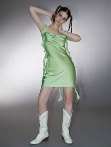 垂領荷葉邊露背連衣裙 - 綠色 - 查看 4