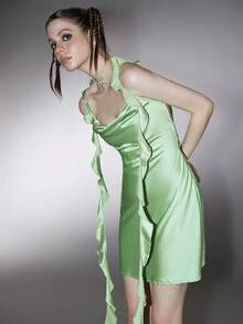 垂領荷葉邊露背連衣裙 - 綠色 - 查看 5