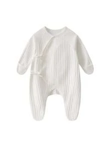 女嬰素色前打結插肩袖條紋針織連身褲 - 白色 - 查看 1