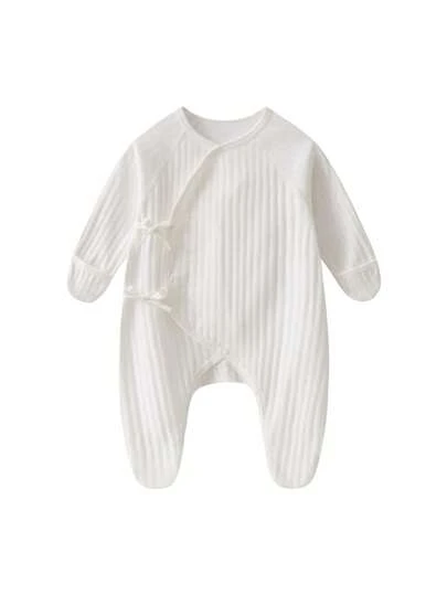 女嬰素色前打結插肩袖條紋針織連身褲