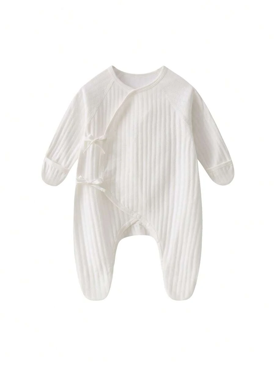 女嬰素色前打結插肩袖條紋針織連身褲 - 白色 - 查看 1