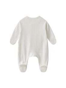 女嬰素色前打結插肩袖條紋針織連身褲 - 白色 - 查看 2