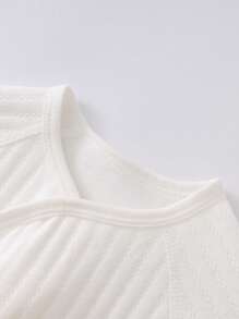 女嬰素色前打結插肩袖條紋針織連身褲 - 白色 - 查看 3