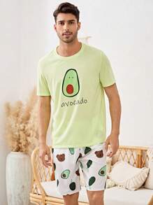 Nam 1 bộ áo thun họa tiết hoạt hình & 1 quần short Bộ PJ / Bộ Pyjama - màu xanh lá - Xem 2