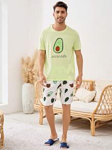 Nam 1 bộ áo thun họa tiết hoạt hình & 1 quần short Bộ PJ / Bộ Pyjama - màu xanh lá - Xem 3