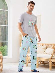 Men 1pc Cartoon Graphic Tee & 1pc Trousers PJ Set - Multicolor - View 2