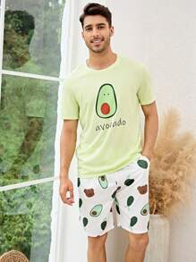 Nam 1 bộ áo thun họa tiết hoạt hình & 1 quần short Bộ PJ / Bộ Pyjama - màu xanh lá - Xem 4