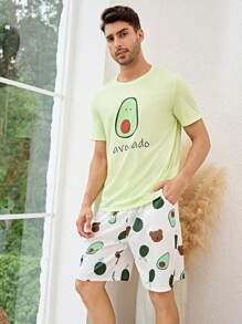 Nam 1 bộ áo thun họa tiết hoạt hình & 1 quần short Bộ PJ / Bộ Pyjama - màu xanh lá - Xem 6