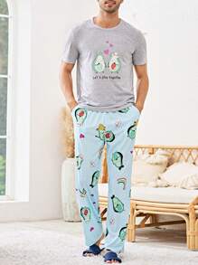 Men 1pc Cartoon Graphic Tee & 1pc Trousers PJ Set - Multicolor - View 3